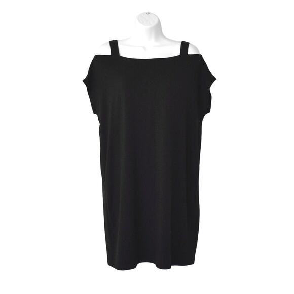A8 NEW EILEEN FISHER Black Tencel Jersey Knit Cold Shoulder Mini Dress Size XS - Picture 2 of 5